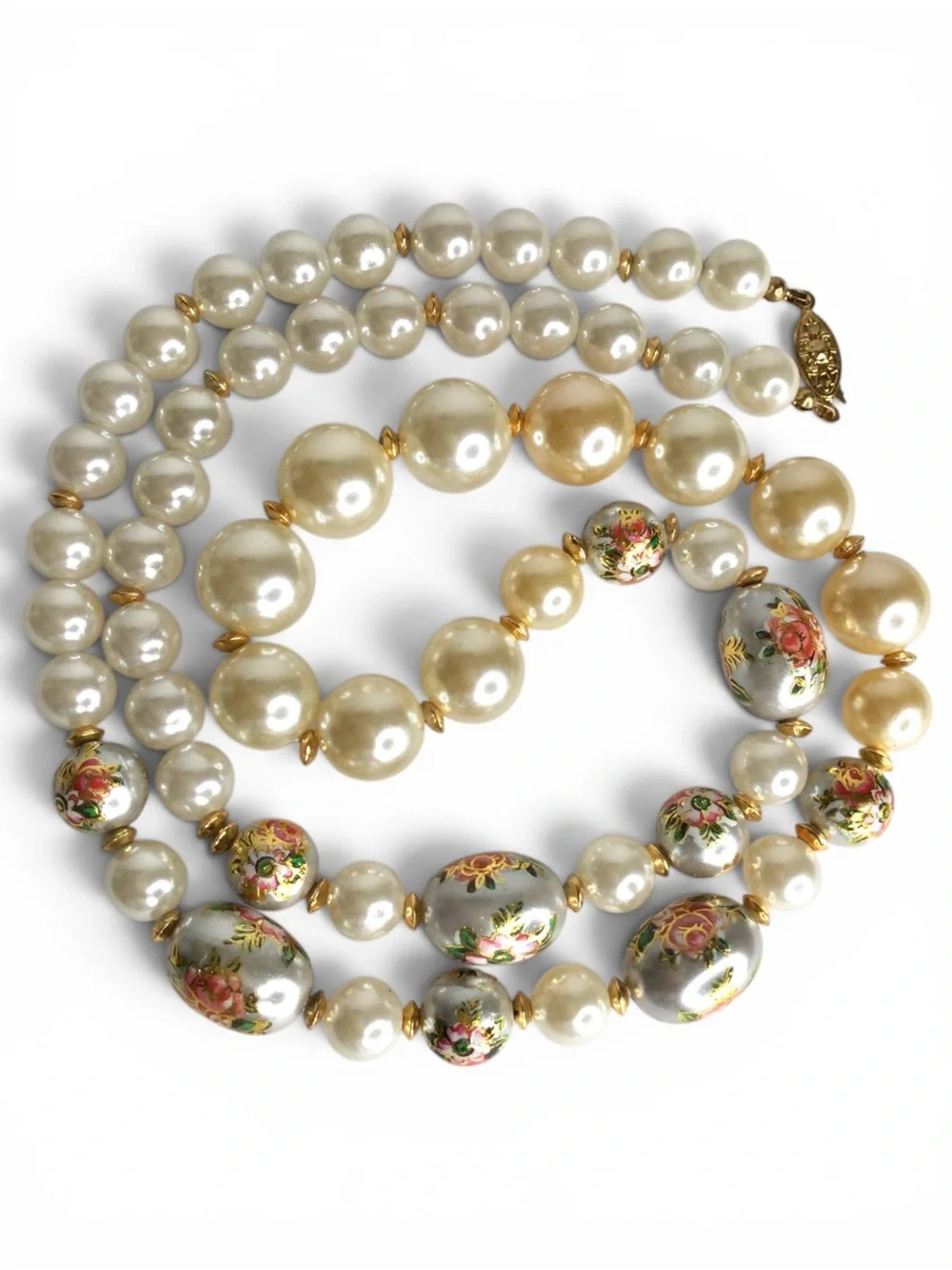 Vtg Graduated Faux‑Pearl Necklace w/ Gray Lacquered Tensha‑Style Floral Beads - Picture 12 of 15